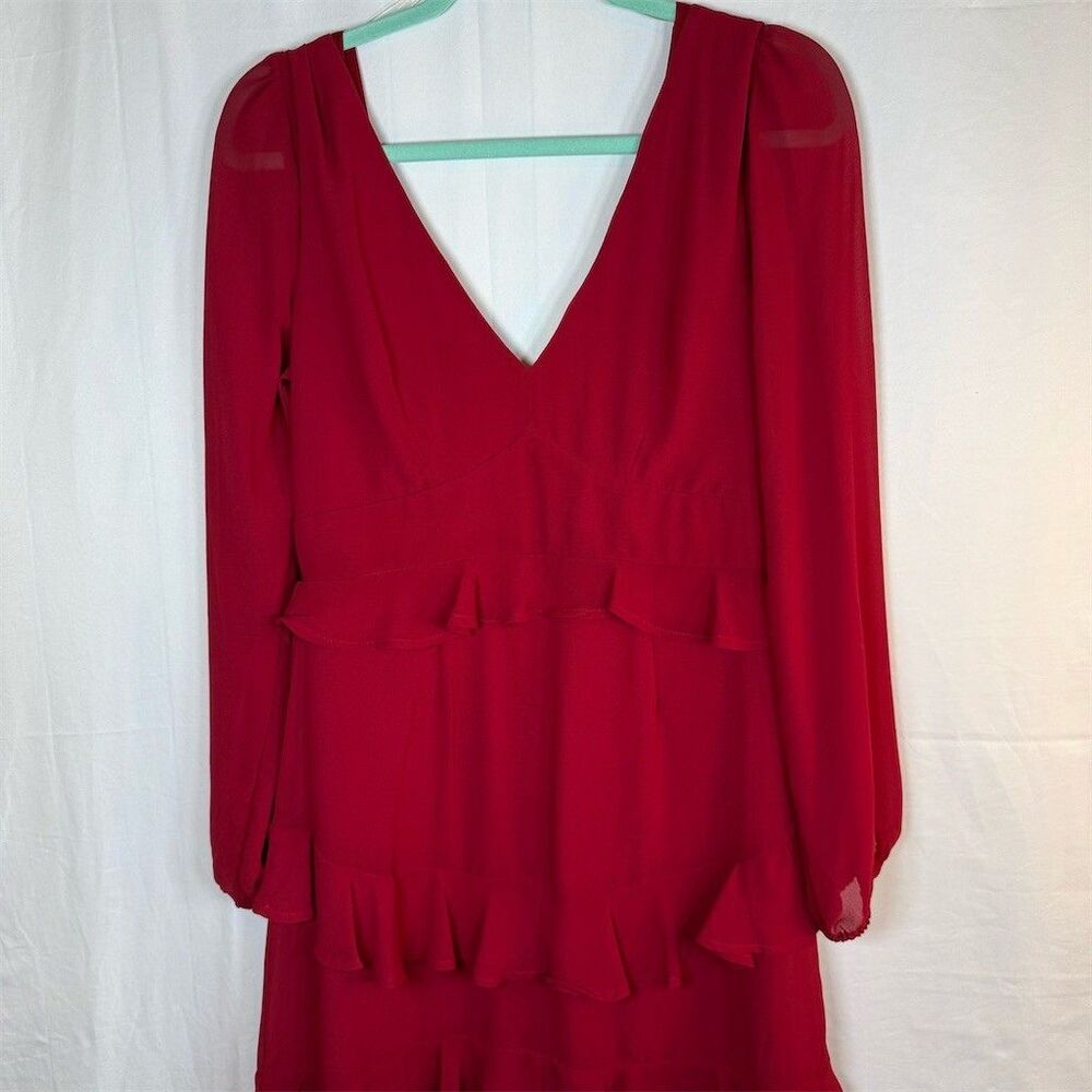 Trixxi Dress Womens M Red Chiffon Ruffle Tiered Mini V-Neck Long Sleeve